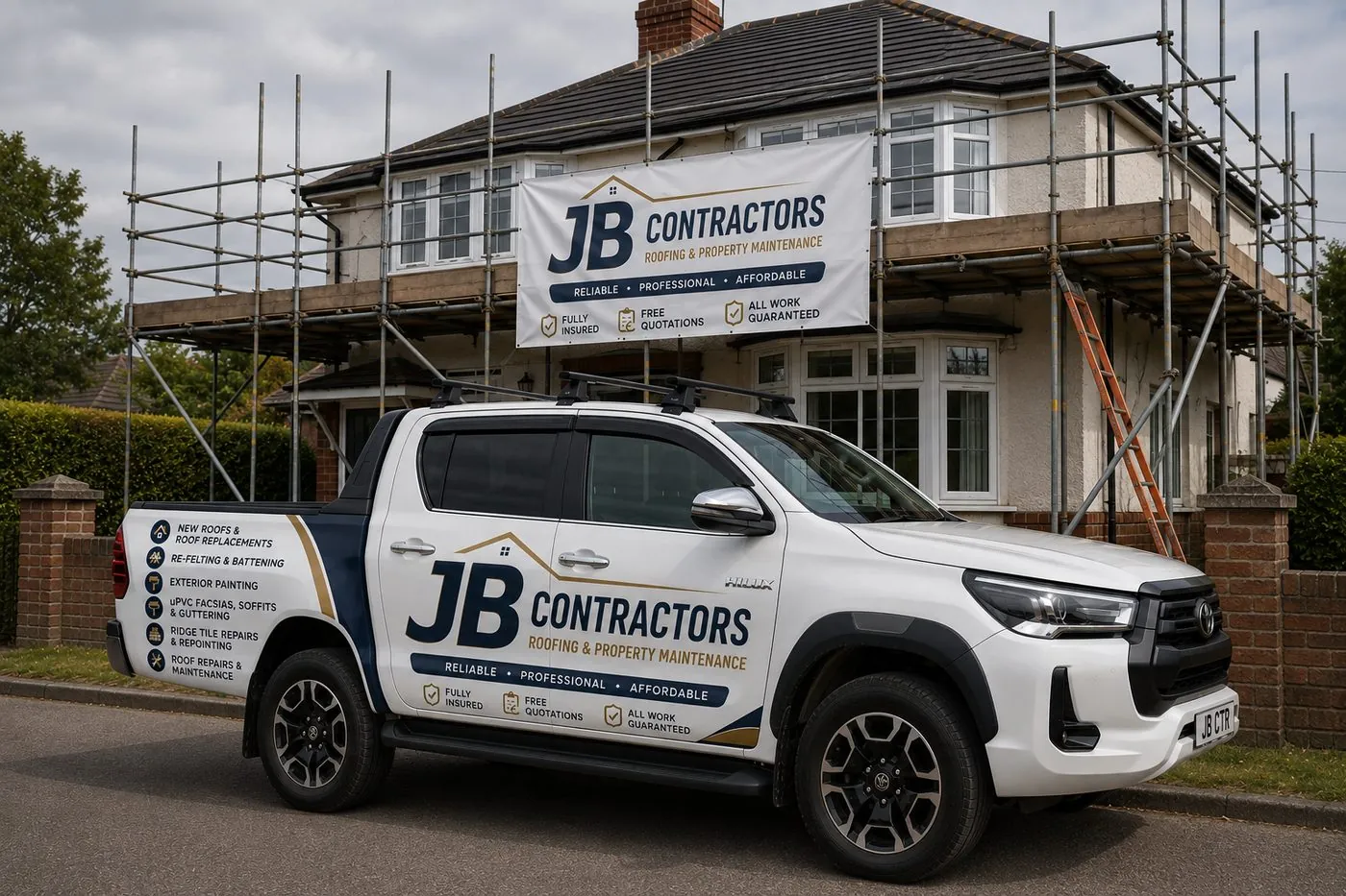 St Agnes Roofing pickup truck on site at a scaffolded roofing job in St Agnes